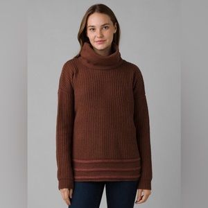 PRANA Funnel Neck Sweater Women’s S. Brown (Clove) Pink Striped Hem, Wool Blend